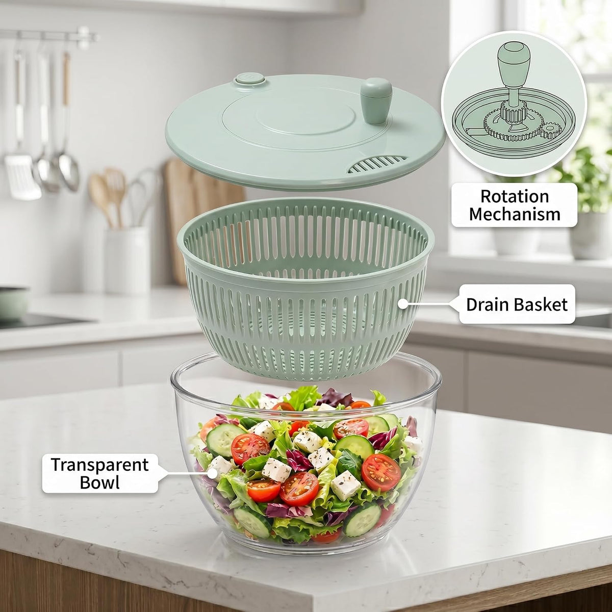 Salad Spinner Large, Lettuce Spinner with 5 Blade Slicer, 5.5 Qt Vegetable Wash Bowl, Fruits & Herb Lettuce Dryer with Egg Yolk Strainer for Efficient Salad Preparation and Food Washing