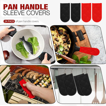 Dandat 24 Set Hot Handle Covers for Daily Replace Use Gift Pan Handle Sleeve Covers Heat Resistant Cast Iron Holder Sleeve Washable Handgrip Mitts for Christmas Kitchen Gifts Craft (Black)