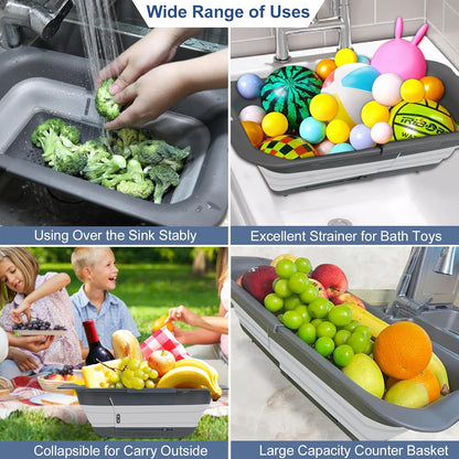 ROTTOGOON 7Qt Collapsible Colander Strainer, Expandable Over the Sink Colander, Adjustable Silicone Kitchen Sink Strainer, Foldable Large Colanders Basket to Wash Vegetable, Fruit, 15" to 19.8", Green