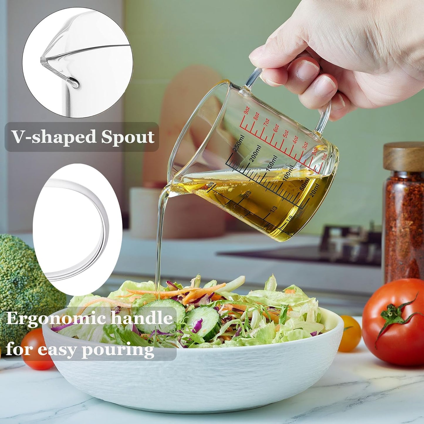 Ackers BORO3.3 Measure Glass -[Insulated handle | V-Shaped Spout]-Made of High Borosilicate Glass Measuring for Kitchen or Restaurant, Easy to Read, 60 ML (2 Oz) 丨(2 Pack)