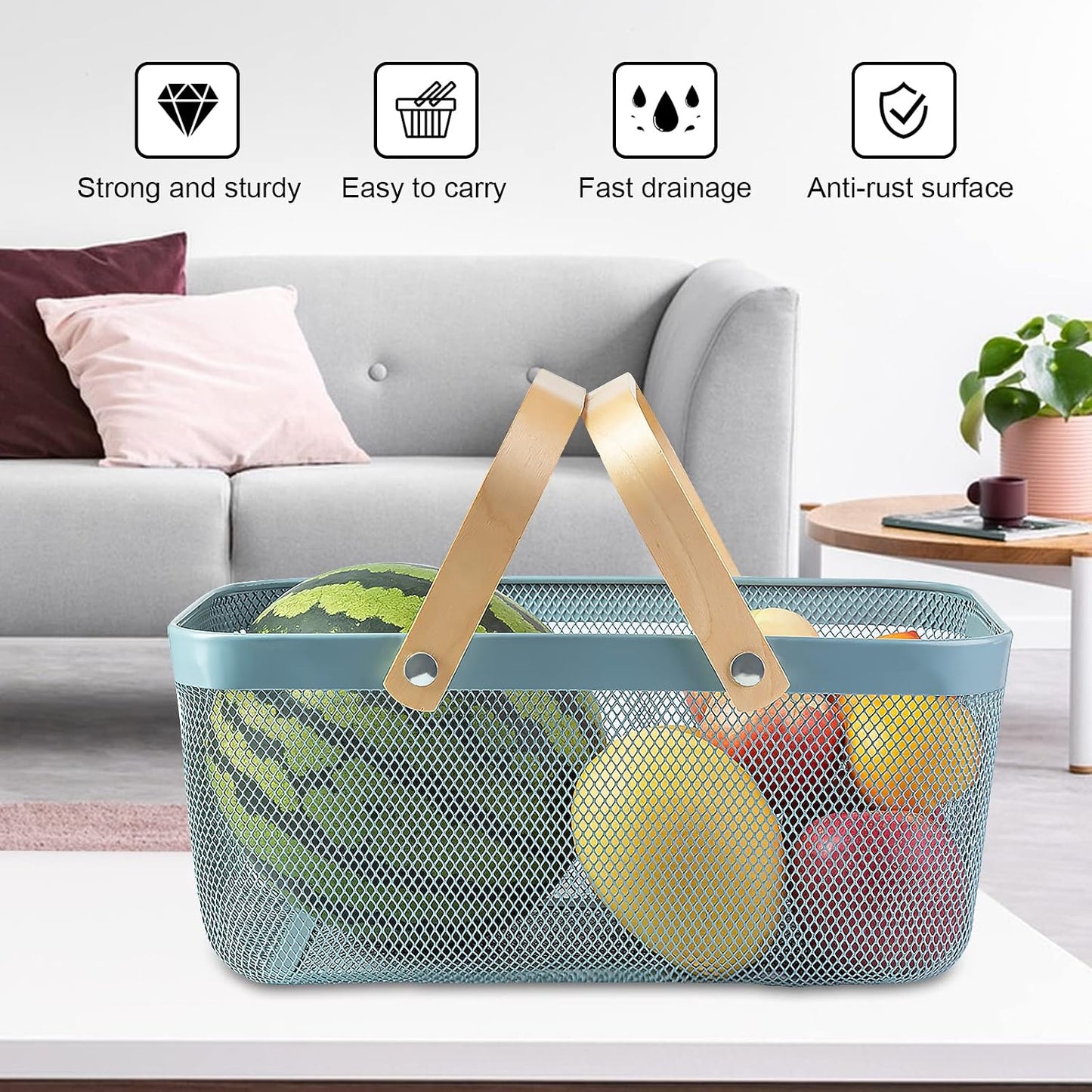 Portable Garden Harvest Basket-Mesh Design Natural Bamboo Handle Wire Storage Baskets,Mesh Basket with Handle Organize Items Reduce Space Occupation,Suitable for Kitchen,Garden,Picnic(Black)