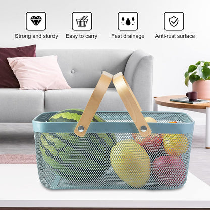 Portable Garden Harvest Basket-Mesh Design Natural Bamboo Handle Wire Storage Baskets,Mesh Basket with Handle Organize Items Reduce Space Occupation,Suitable for Kitchen,Garden,Picnic(Black)