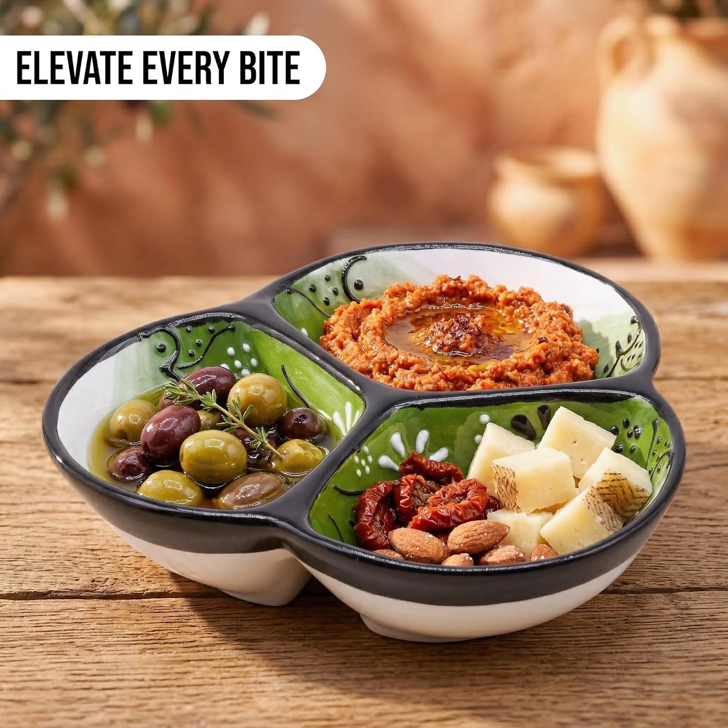 Ceramic Chip & Dip Bowl 7.5”, 3-Compartment Divided Serving Dish & Condiment Tray for Appetizers – Handmade in Spain, Lead-Free Glaze, Microwave, Oven & Dishwasher Safe