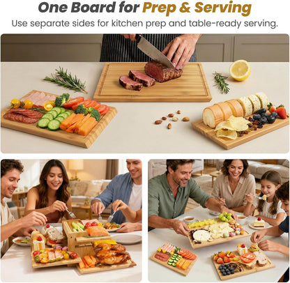 Bamboo Cutting Board Set with Stand, 3PCS Double-Sided Chopping Boards for Kitchen Meal Prep & Serving, Charcuterie, Juice Grooves & Side Handle, Ideal for Meat, Vegetables, Kitchen Essentials, Brown