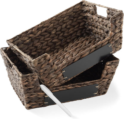 Casafield Set of 2 Water Hyacinth Pantry Baskets with Handles, Chalkboard Labels, and Marker - Natural, Wide Woven Storage Bin Organizers for Kitchen Shelves