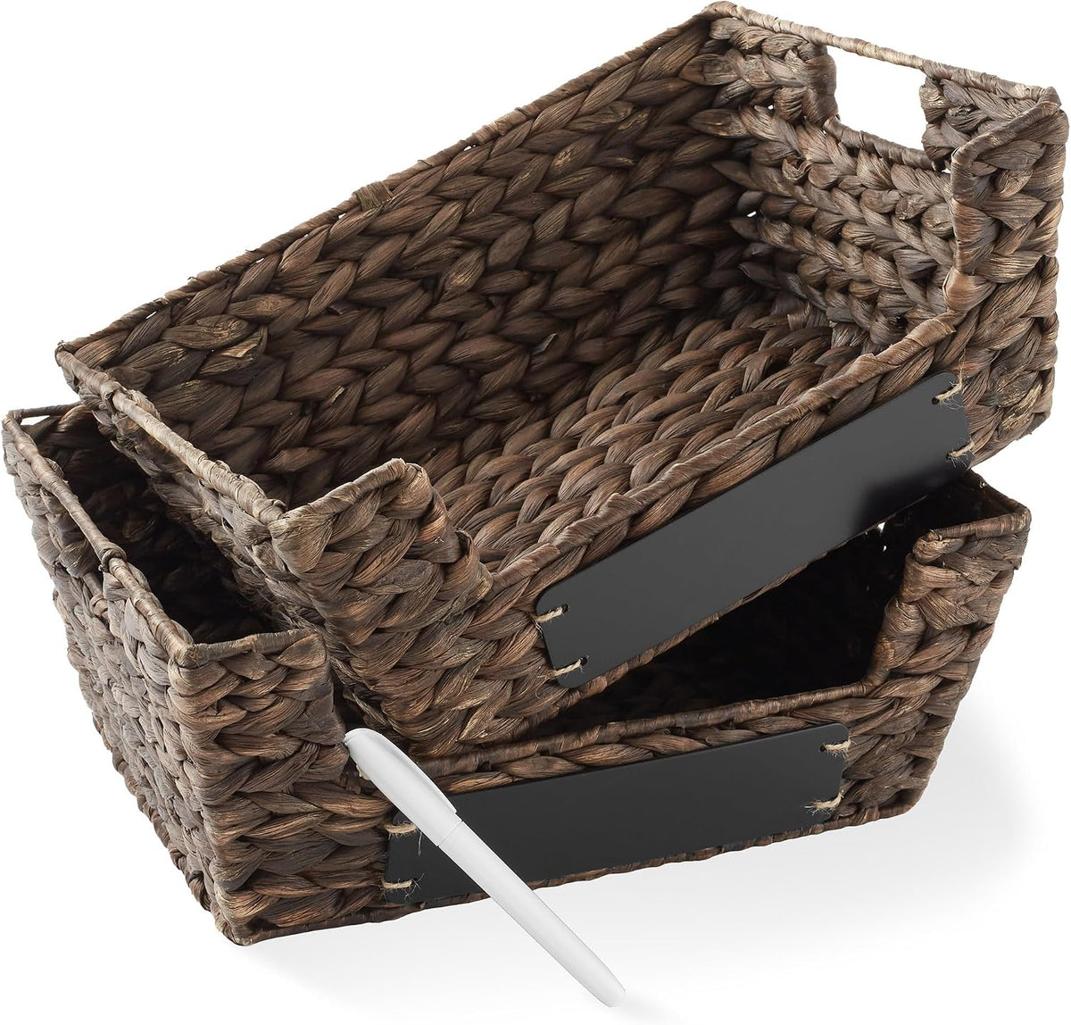 Casafield Set of 2 Water Hyacinth Pantry Baskets with Handles, Chalkboard Labels, and Marker - Espresso, Wide Woven Storage Bin Organizers for Kitchen Shelves