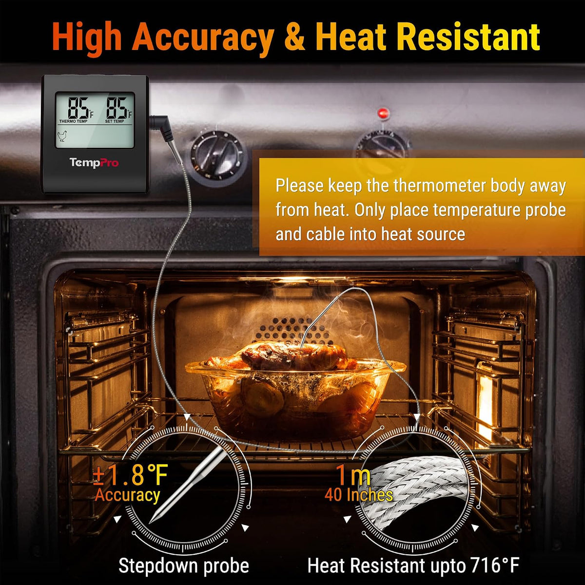 TempPro TempTrack Large LCD Digital Meat Thermometer for Cooking, Smoking