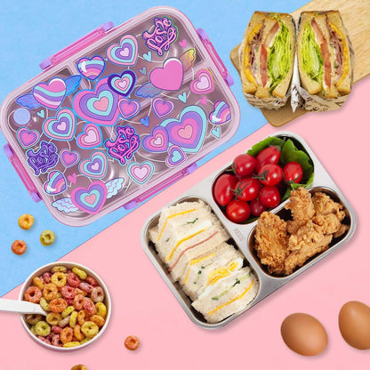 Stainless Steel Bento Lunch Box for Kids, 800ml/27oz BPA-Free Leak-Proof Food Containers with 3 Compartments, Freezer & Dishwasher Safe, Back to School Students Lunches Size for Ages 3-7