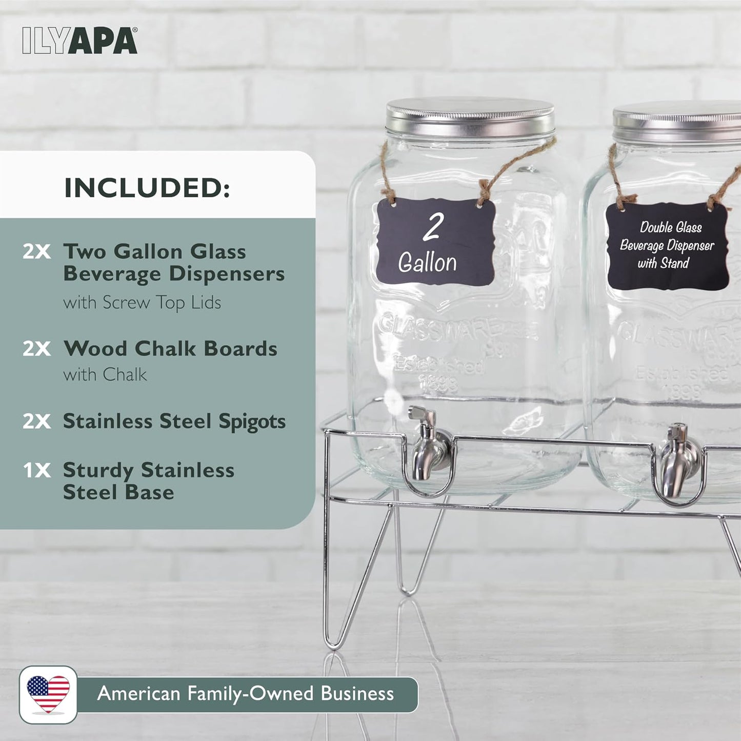 Ilyapa 2 Gallon Glass Beverage Dispenser, Metal Base, Stainless Steel Spigot & Hanging Chalkboard - for Lemonade, Tea, Cold Water & More