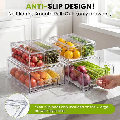 6Pack Fridge Organizers and Storage,Stackable Fridge Organizer Bins with Lids, 2 Pull Out Fridge Organizers and 4 Storage Container with Drain Tray for Fruits, Vegetables, Drinks, Snack and Food