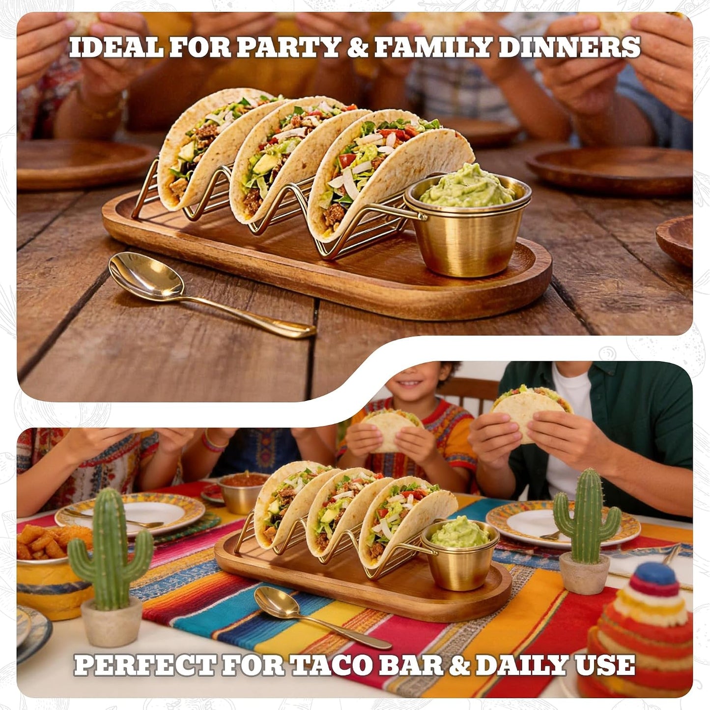 Wood Taco Serving Tray Set with Stainless Steel Taco Holder (Holds 3 Tacos), Sauce Cup & Spoon, Taco Plate for Kitchen, Taco Night, Parties and Family Dinners
