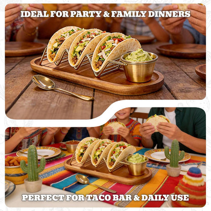 Wood Taco Serving Tray Set with Stainless Steel Taco Holder (Holds 3 Tacos), Sauce Cup & Spoon, Taco Plate for Kitchen, Taco Night, Parties and Family Dinners