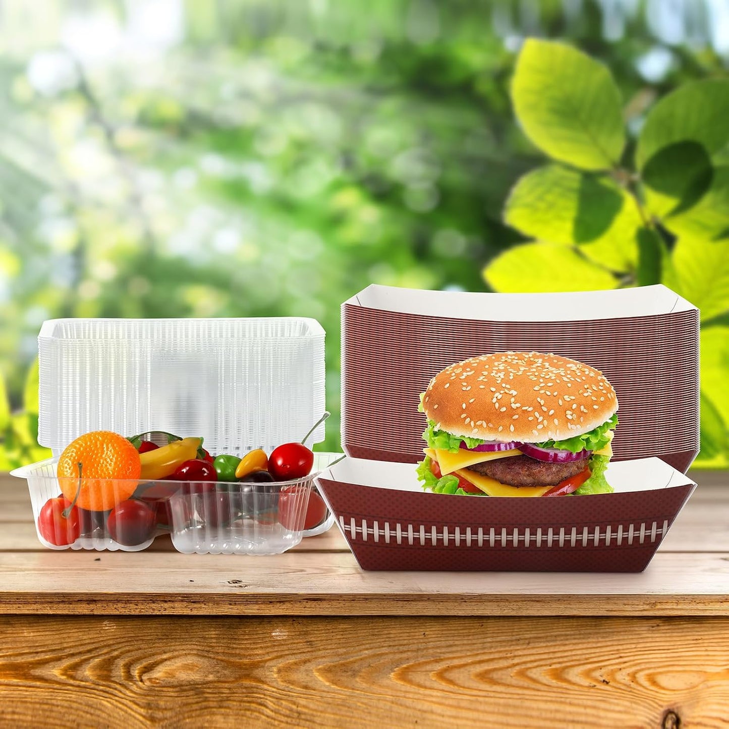 Yerliker 100 Pcs Disposable Tray Set 50 Plastic Nacho & 50 3 lb Paper Food Trays Food Boats Popcorn Chip Holder for Carnivals, Movie Theater, Concession Stand Supplies & Snack(Stripe Style)