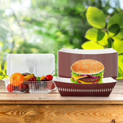 Yerliker 100 Pcs Disposable Tray Set 50 Plastic Nacho & 50 3 lb Paper Food Trays Food Boats Popcorn Chip Holder for Carnivals, Movie Theater, Concession Stand Supplies & Snack(Stripe Style)