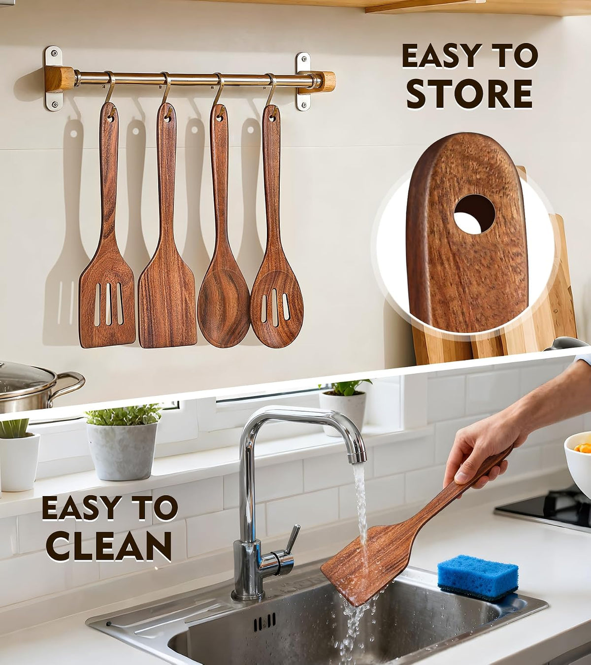 Wooden Spatula, Acacia Solid & Slotted Turner Spatula Set, Long Handle Flat Frying Spatulas, Ideal Kitchen Gift for Mother and Grandma, Kitchen Utensils Set for Cooking, Frying, Baking