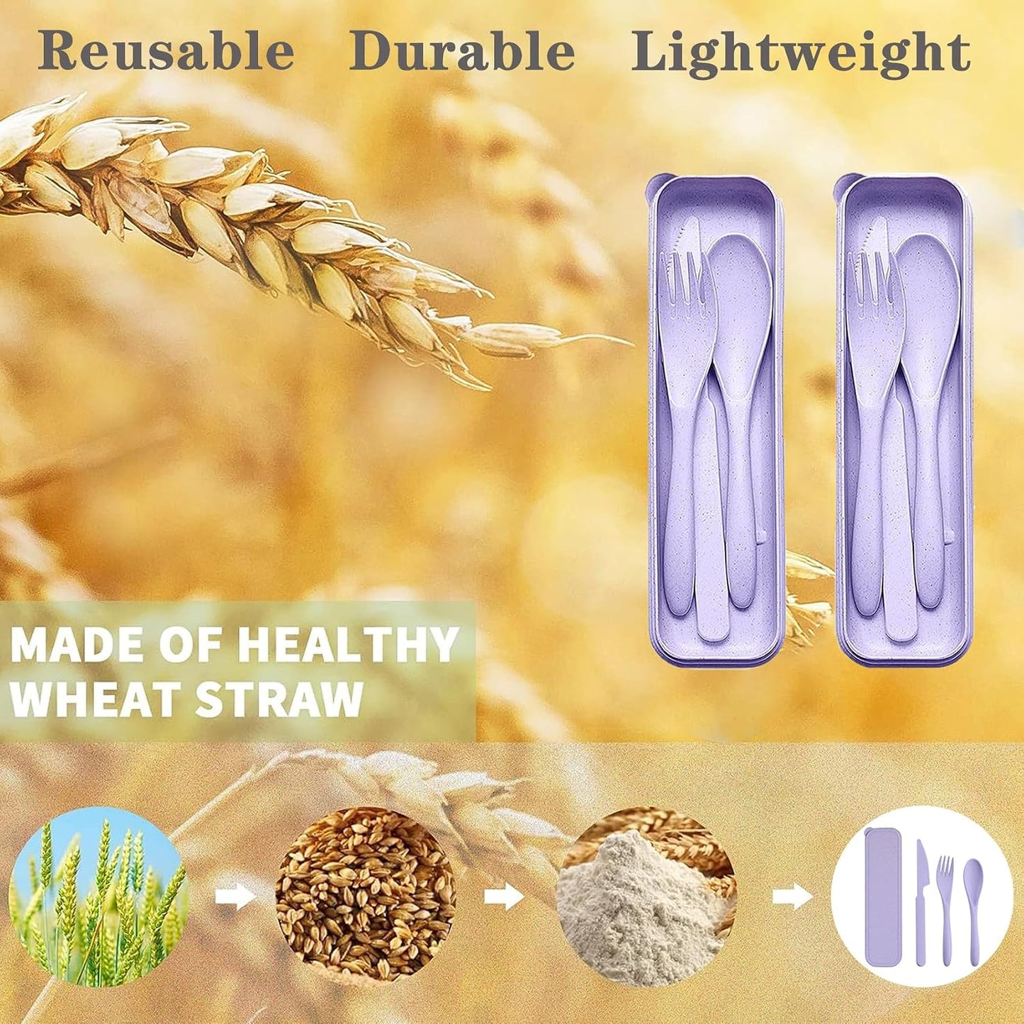 Reusable Travel Utensils Set with Case, 4 Sets Wheat Straw Portable Plastic Fork Spoons Knife Cutlery, Camping Eco-Friendly BPA Free Tableware for Kids Adults Work Picnic or Daily Use (Colorful)