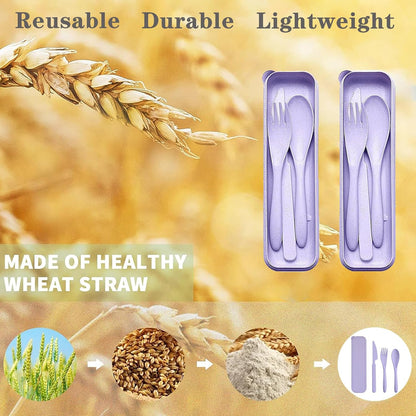 Reusable Travel Utensils Set with Case, 4 Sets Wheat Straw Portable Plastic Fork Spoons Knife Cutlery, Camping Eco-Friendly BPA Free Tableware for Kids Adults Work Picnic or Daily Use (Colorful)