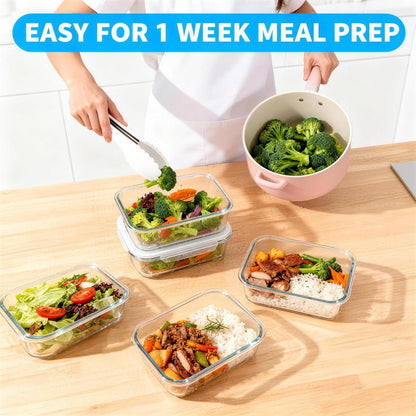 Glass Meal Prep Containers 5 Pack - Lunch Boxes with Leakproof Lids, Food Storage Containers, Bento Boxes, Gray (3 Compartment)