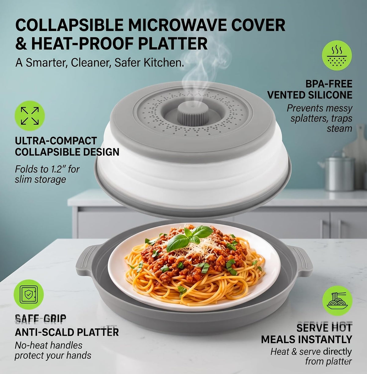 Anti-Scald Splatter Cover, Collapsible Vented Lid & Base, Fits 11" Plates