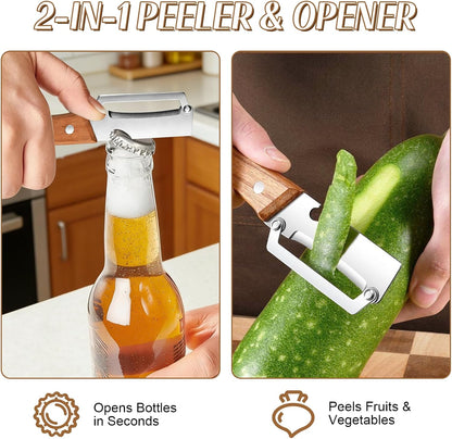 2026 Upgrade Vegetable Peeler With Wooden Handle, Stainless Steel Wide Blade Potato and Carrot Peeler, 3-in-1 Veggie Peeler With Scallion Shredder and Bottle Opener for Kitchen, Camping and Trave