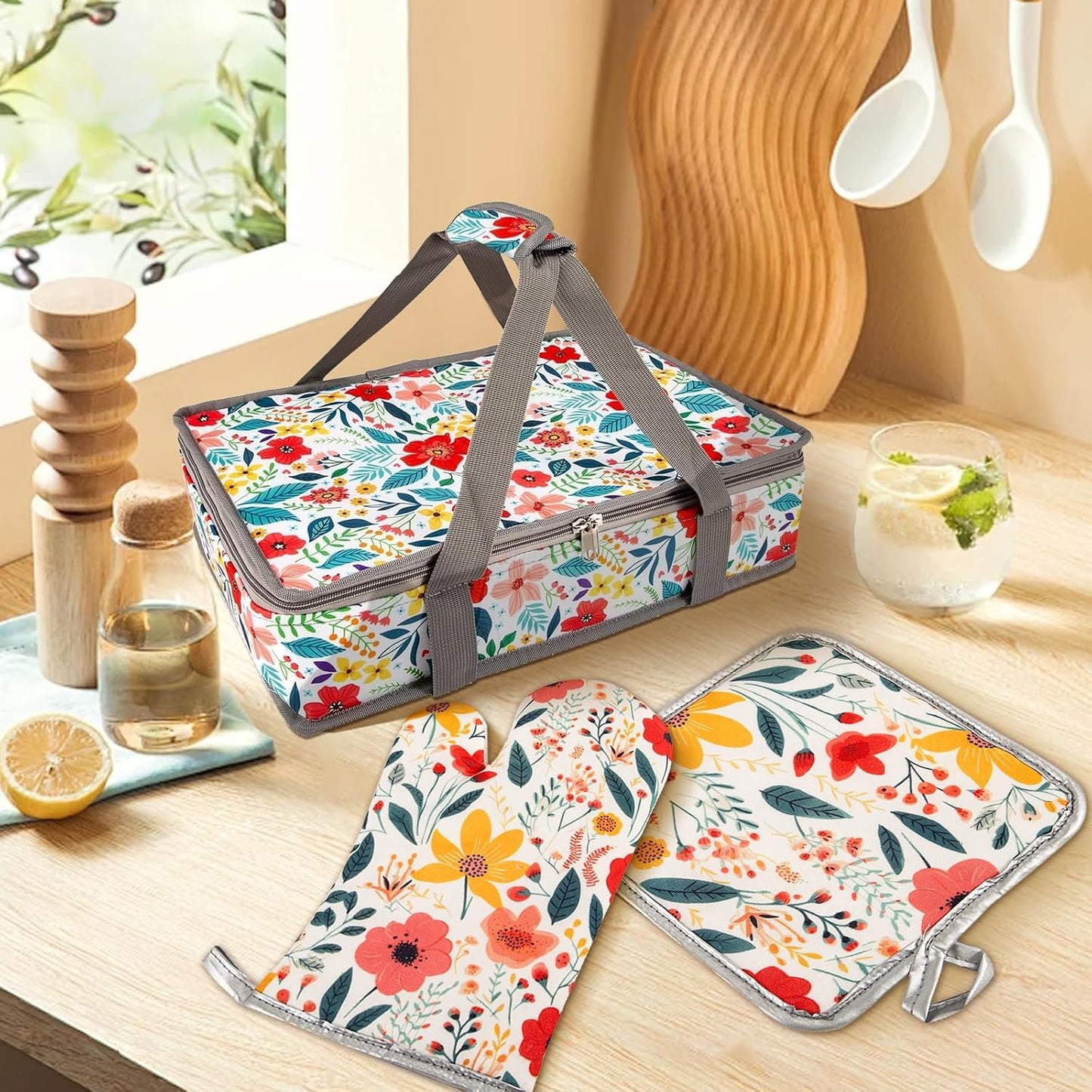 Pioneer Woman Style Insulated Casserole Carrier for Hot or Cold Food, Fits 9x13 Baking Dish,Floral Thermal Lasagna Lugger Tote with Oven Mitts and Pot Holders Set,Gift for Women, Mother's Day.3 PCS