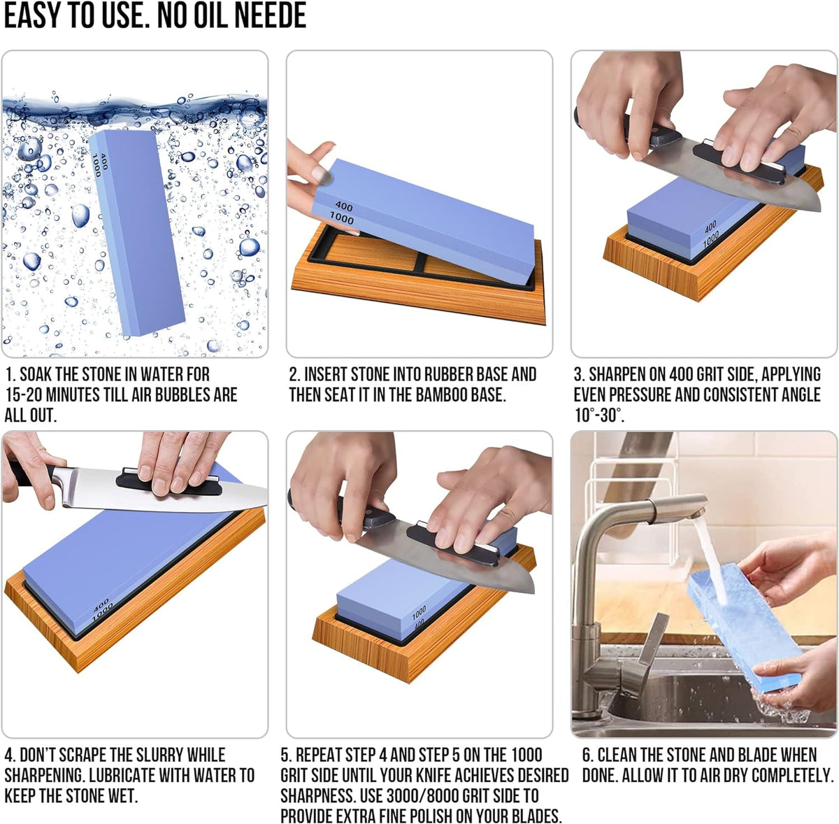 Whetstone Knife Sharpening Stone Set, Double-Sided Grit 400/1000 3000/8000
