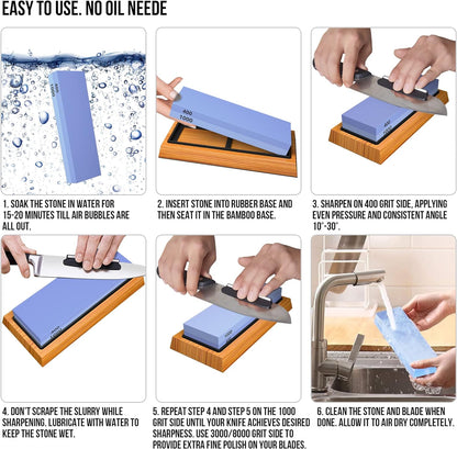 Whetstone Knife Sharpening Stone Set, Double-Sided Grit 400/1000 3000/8000