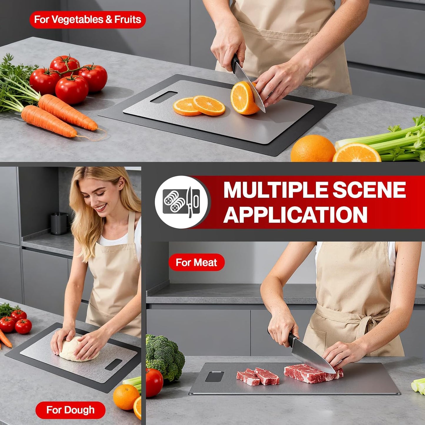 Titanium Cutting Board Set of 3, 100% Pure Titanium Food-Grade Cutting Boards for Kitchen with Silicone Pad, Ideal Cooking Camping Cutting Tool, Double-Sided Design, Dishwasher Safe (S+M+L)