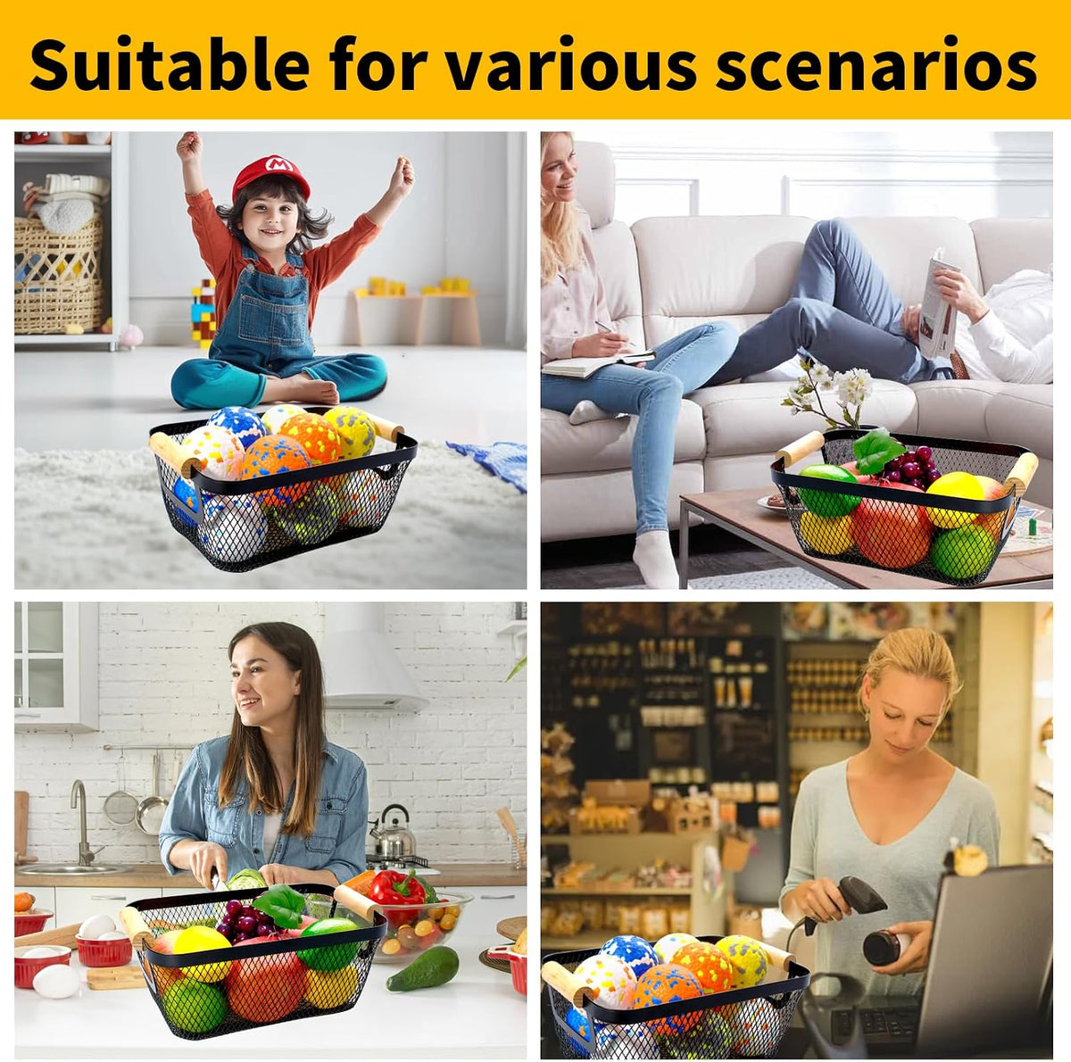 8 Pcs Black Wire Basket with Wooden Handle Metal Mesh Baskets for Pantry Storage Snack Organizer for Kitchen Cabinet Bathroom Fridge Fruit Makeup Office