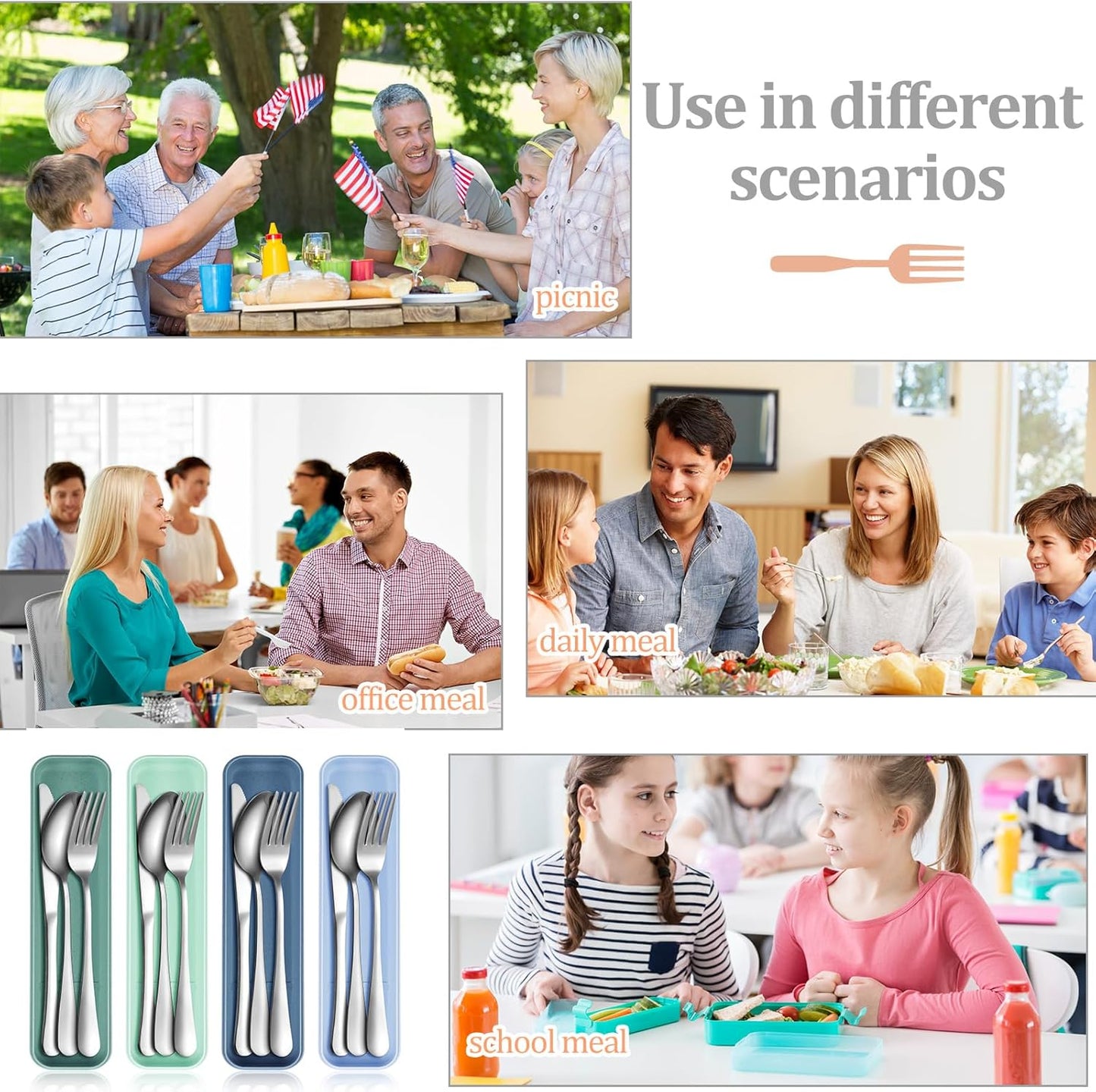 Yinkin 4 Pack Portable Travel Utensils Set with Case Reusable Stainless Steel Silverware Flatware Camping Cutlery Include Fork Spoon Knife for Work School Dishwasher Safe(White, Green, Red, Black)