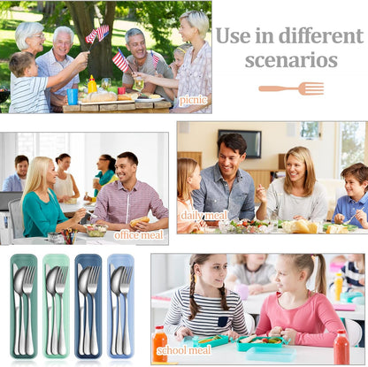 Yinkin 4 Pack Portable Travel Utensils Set with Case Reusable Stainless Steel Silverware Flatware Camping Cutlery Include Fork Spoon Knife for Work School Dishwasher Safe(White, Green, Red, Black)