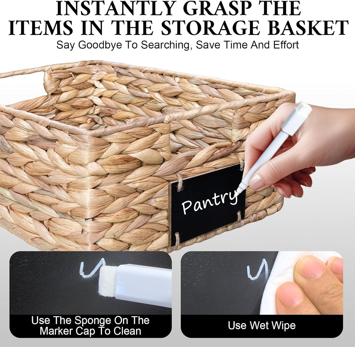 Set of 4 Sizes Hand-Woven Pantry Shelf Baskets, Hyacinth Storage Baskets with Chalkboard Labels & 2 Chalk Markers, Wicker Nestable Basket Set for Organizing Pantry Kitchen Laundry Shelves (Brown)