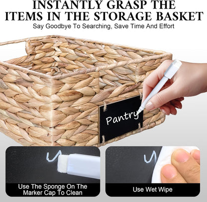 Set of 4 Sizes Hand-Woven Pantry Shelf Baskets, Hyacinth Storage Baskets with Chalkboard Labels & 2 Chalk Markers, Wicker Nestable Basket Set for Organizing Pantry Kitchen Laundry Shelves (Brown)