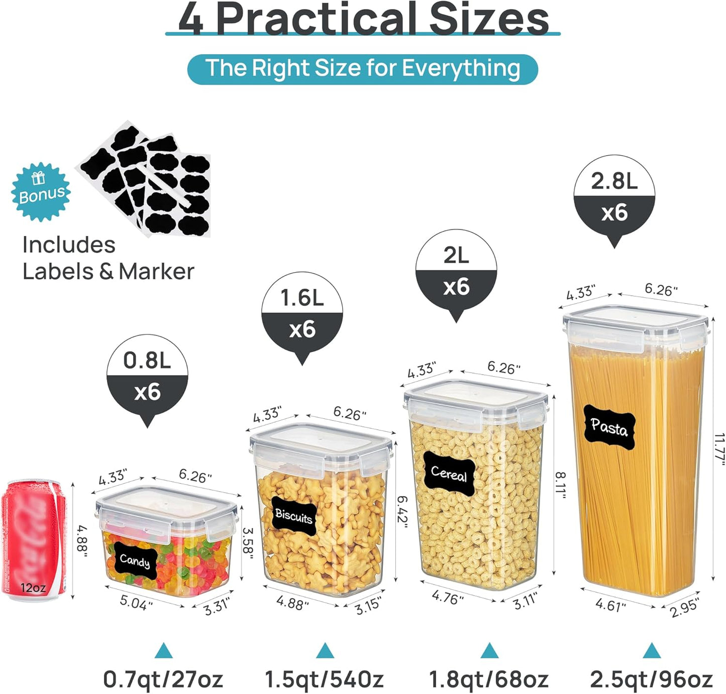 Airtight Food Storage Containers with Lids, Vtopmart 24 pcs Plastic Kitchen and Pantry Organization Canisters for Cereal, Dry Food, Flour and Sugar, BPA Free, Includes 24 Labels，Black