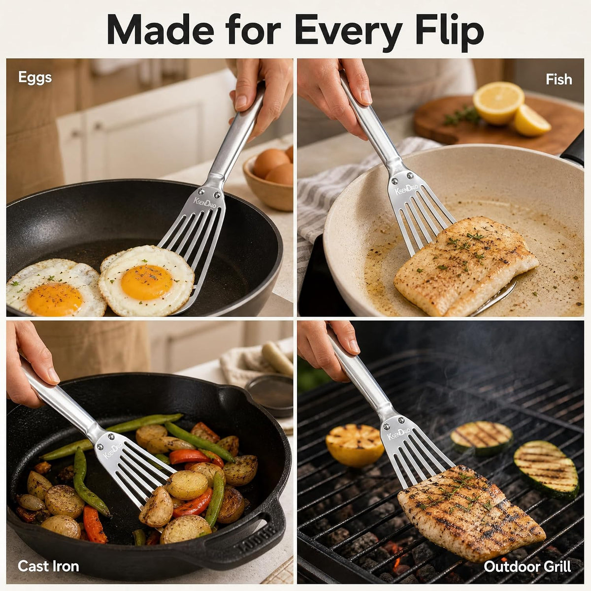 KSENDALO 2 Pack Flexible Fish Spatula Stainless Steel for Kitchen | Thin Edged Egg Spatula, Slotted Angled Blade Metal Turner, BBQ Flipper, Riveted for More Sturdy, Silver