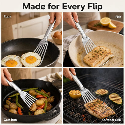 KSENDALO 2 Pack Flexible Fish Spatula Stainless Steel for Kitchen | Thin Edged Egg Spatula, Slotted Angled Blade Metal Turner, BBQ Flipper, Riveted for More Sturdy, Silver