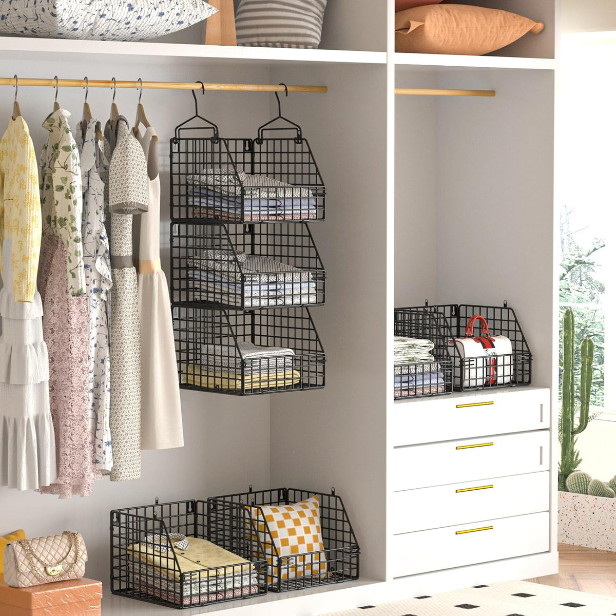 PUPPYCUTE Stackable Wire Storage Baskets for Kitchen Closet Pantry, Hanging Closet Organizers Storage Shelves Organization, Wall Mount Metal Basket Bins, Clothing Vegetable & Fruit Organizer 3 pcs