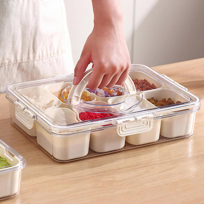 Divided Serving Tray with Lid for Veggie Charcuterie Container Portion Control Salad Keeper with 4 Removable Boxes Stackable Refrigerator Organizer Bins Food Storage Organizer Produce Saver