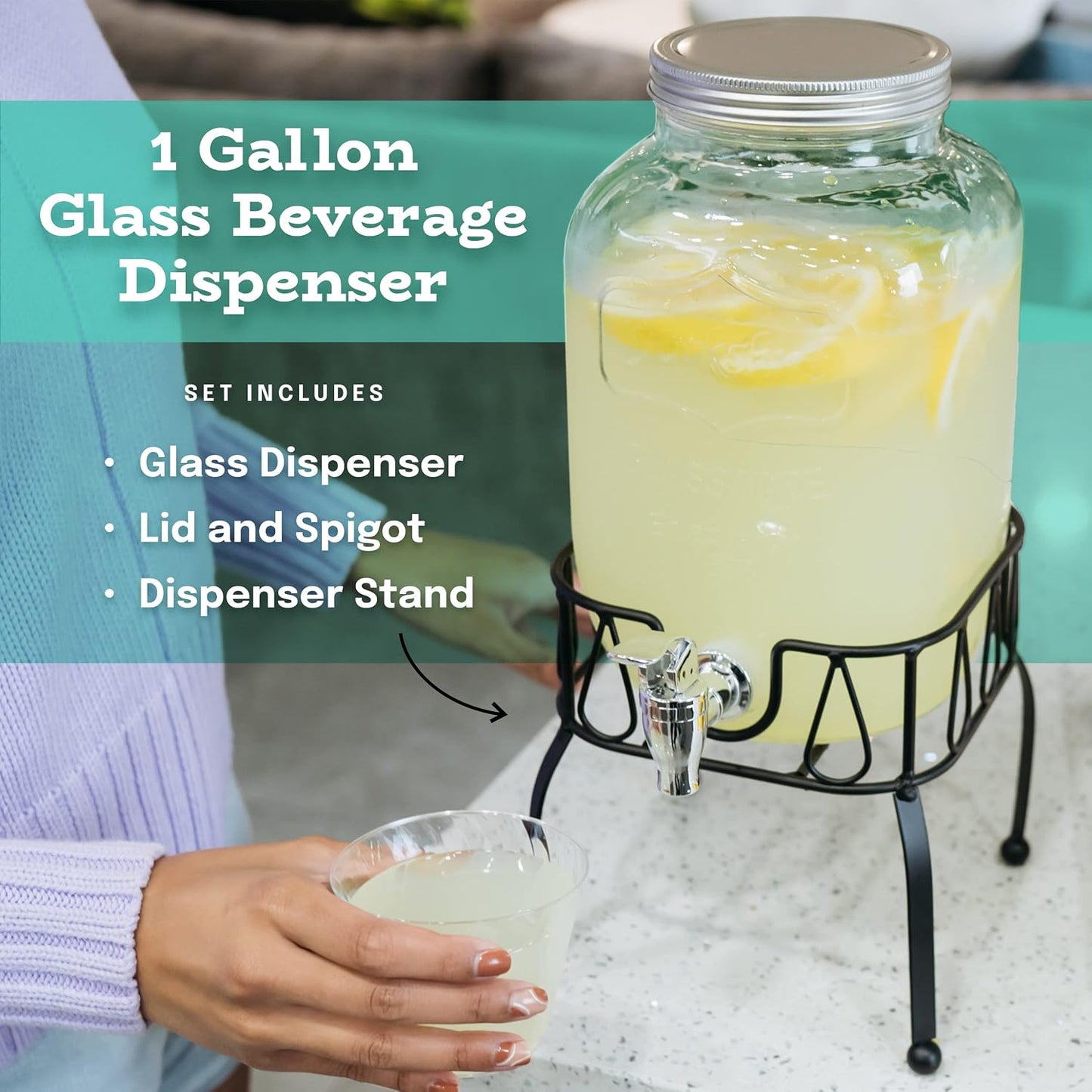 Estilo Gallon Drink Dispenser with Stand - Glass Beverage Dispenser with Stand for Weddings - Sun Tea Jar with Spigot 1 Gallon - Countertop Glass Water Dispenser for Lemonade and Parties