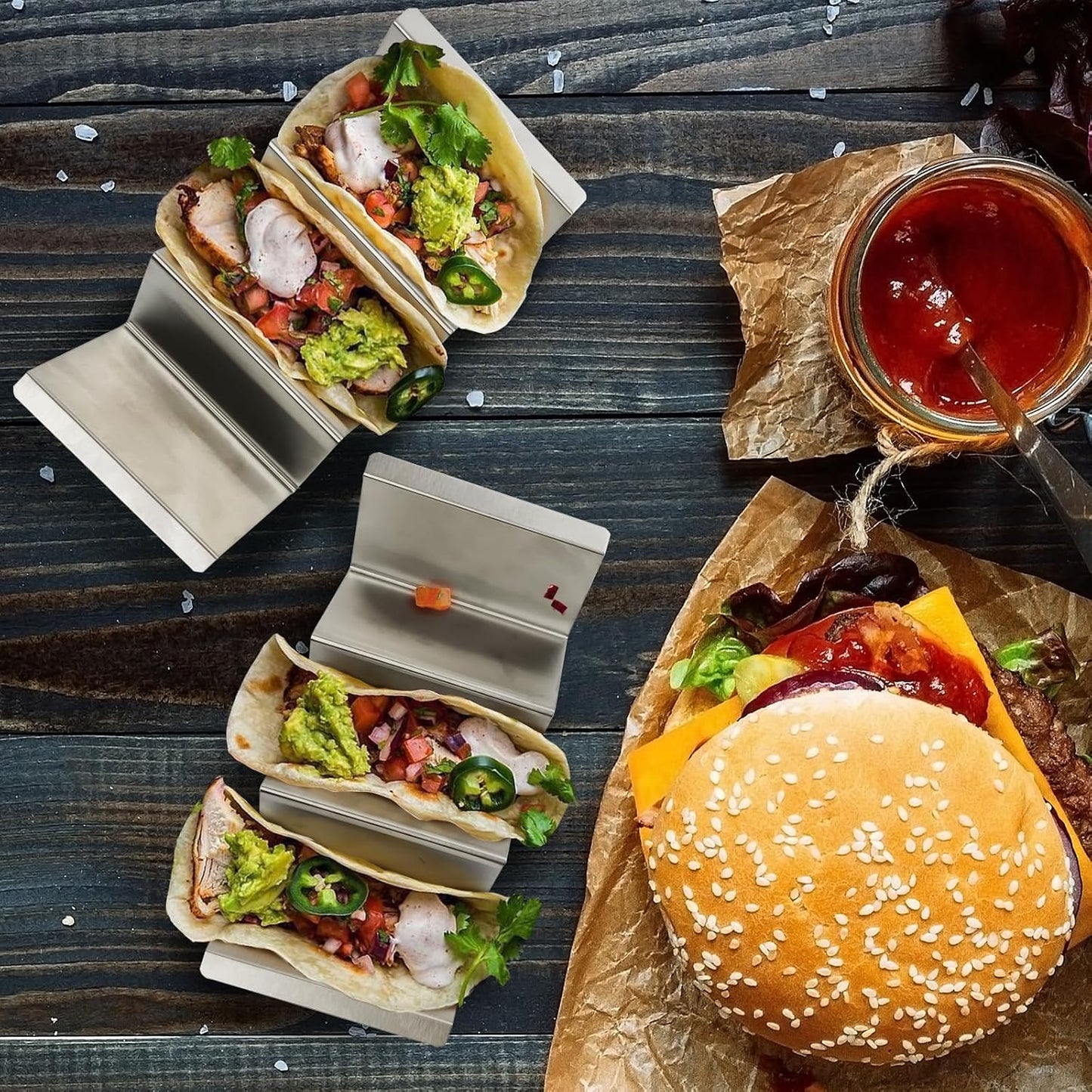 3 Pack Taco Stands, Stainless Steel Taco Holders for 3 Tacos, Taco Plates with Dividers, Fits Oven and Dishwasher