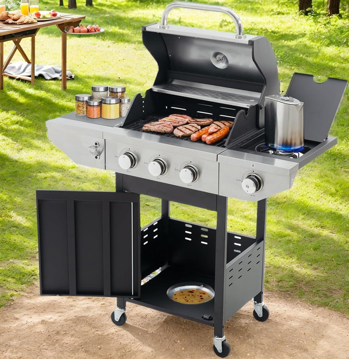4 Burner Outdoor Propane Gas Grill with Side Burner & Thermometer, Stainless Steel Barbecue Grill with Wheels for Patio BBQ Cooking, Camping