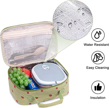 Bluboon Insulated Lunch Bag for Girls & Boys, Corduroy School Lunch Box with Cooler & Organizer Compartments, Leak-Proof Lunch Tote for School, Travel (Corduroy Strawberries Beige)