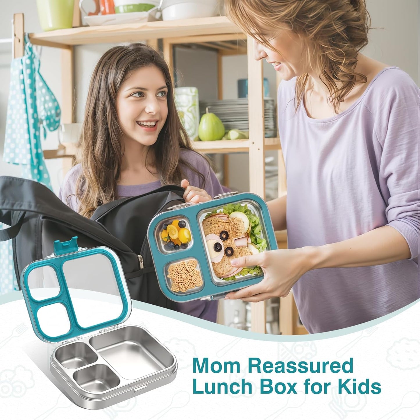 HOMEKOL Stainless Steel Bento Lunch Box, 3-Compartment Leak-Proof Lunch Container for Kids & Adults, BPA/BPS-Free 304 Metal Food Box, Dishwasher Safe, Clear Tritan Lid, Green (Not Insulated)