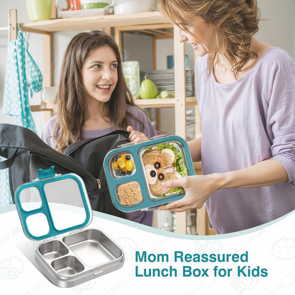HOMEKOL Stainless Steel Bento Lunch Box, 3-Compartment Leak-Proof Lunch Container for Kids & Adults, BPA/BPS-Free 304 Metal Food Box, Dishwasher Safe, Clear Tritan Lid, Green (Not Insulated)