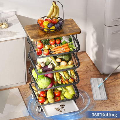 SAYZH Fruit Basket Kitchen Pantry Organizers and Storage - Wooden Top Table, Stackable Metal Wire Basket Stand Cart for Fruit Vegetable Snacks Onion Potato Organization (White, 5 Tiers)