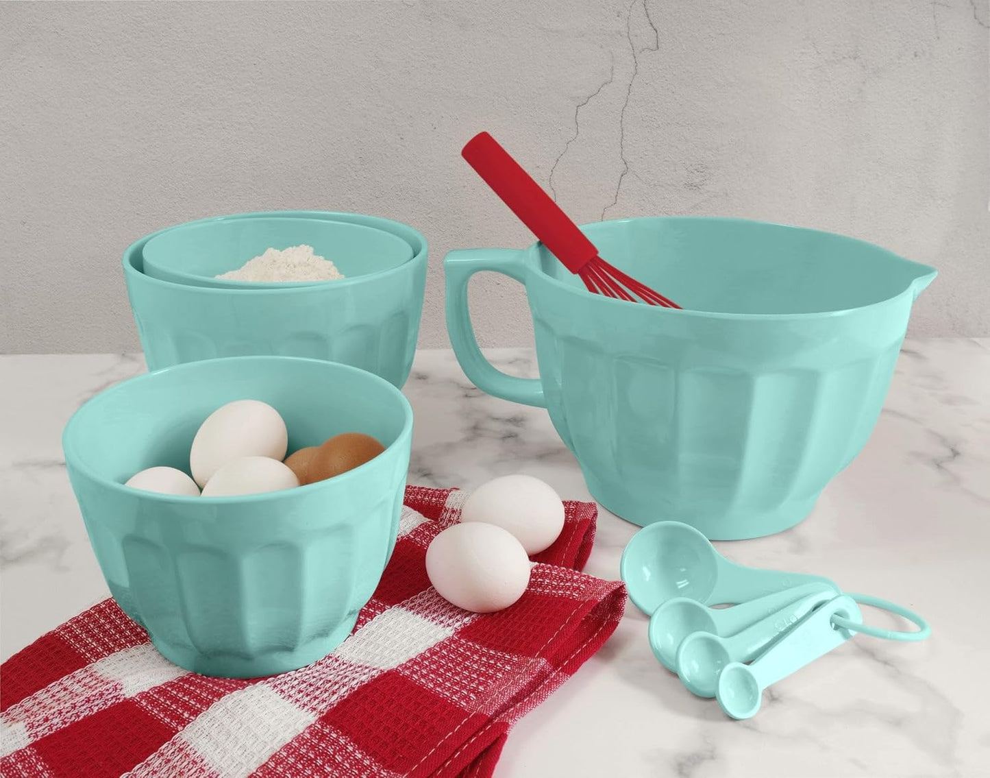 UP 4.3 Quart Latte Style Melamine Batter Bowl with Pour Spout and Handle, Professional Mixing Bowl with Non-Slip Base, Ideal for Pancake and Cake Batter, 11.5 x 8.75 Inch, Mint Blue