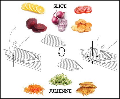 Microplane Adjustable Mandoline Slicer with V-Blade and Julienne Stainless Steel Blades, Handheld Mandoline for Potatoes, Carrots and Other Vegetables