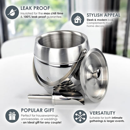 BREKX 3-QT Insulated Ice Buckets for Parties with Lid and Scoop - Iceberg Anchored Wine Chiller Champagne Bucket for Cocktail Bar, Metal Bucket with Lid, Non-Sweat