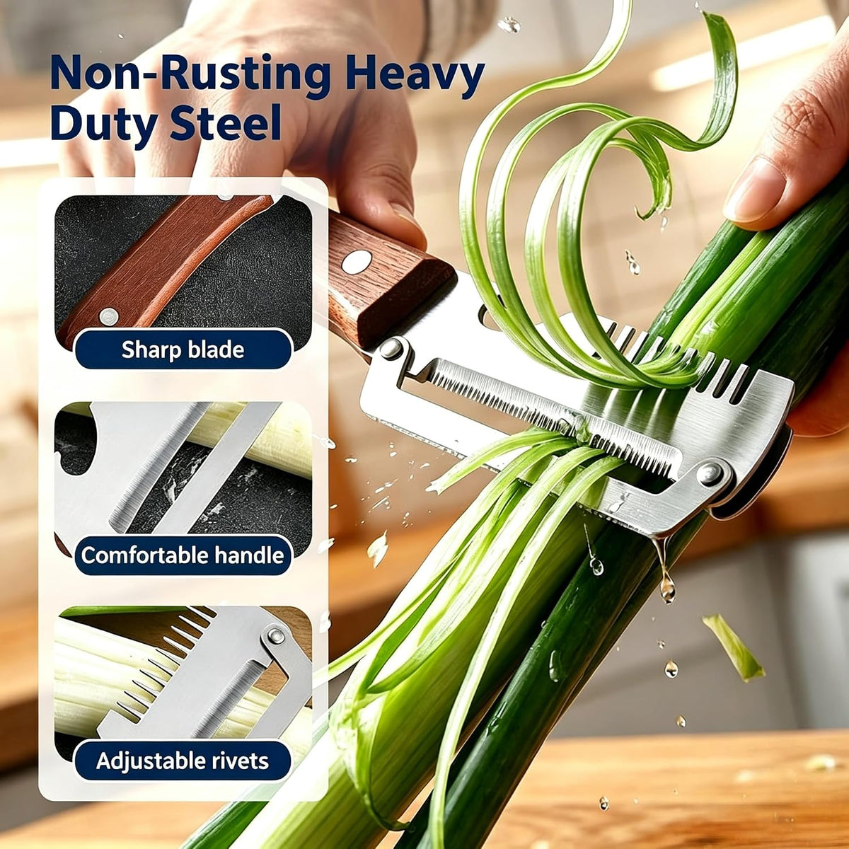 Upgraded 3-in-1 Vegetable Peeler, Wooden Handle Stainless Steel Kitchen Peeler with Julienne Slicer and Bottle Opener, Multi-Functional Fruit Potato Veggie Kitchen Gadget (1)