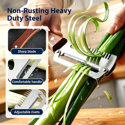Upgraded 3-in-1 Vegetable Peeler, Wooden Handle Stainless Steel Kitchen Peeler with Julienne Slicer and Bottle Opener, Multi-Functional Fruit Potato Veggie Kitchen Gadget (1)